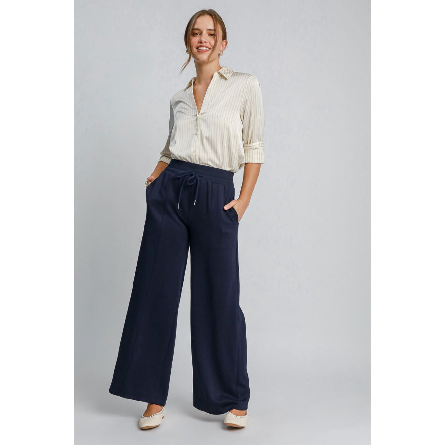 Umgee Drawstring Wide Leg Pants with Pockets Midnight / S Apparel and Accessories