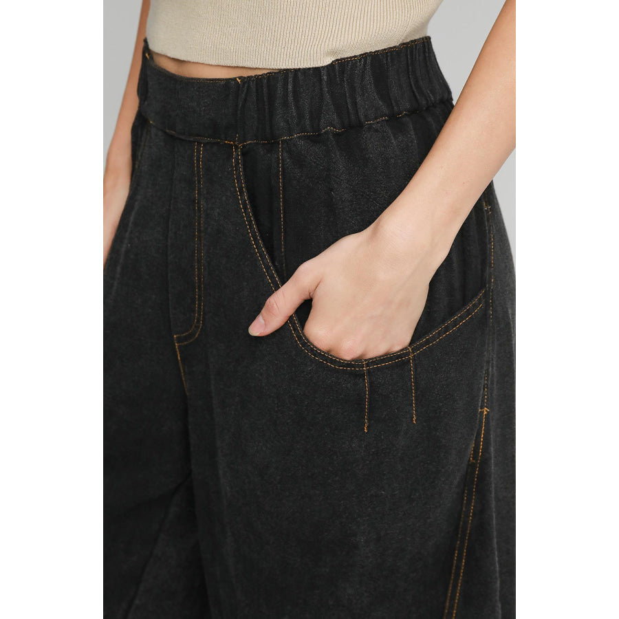 Umgee Elastic Waist Baggy Fit Pants with Pockets Apparel and Accessories