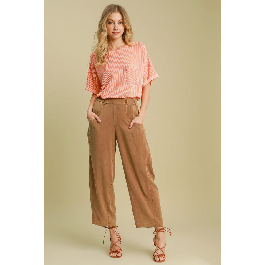 Umgee Elastic Waist Baggy Fit Pants with Pockets Apparel and Accessories