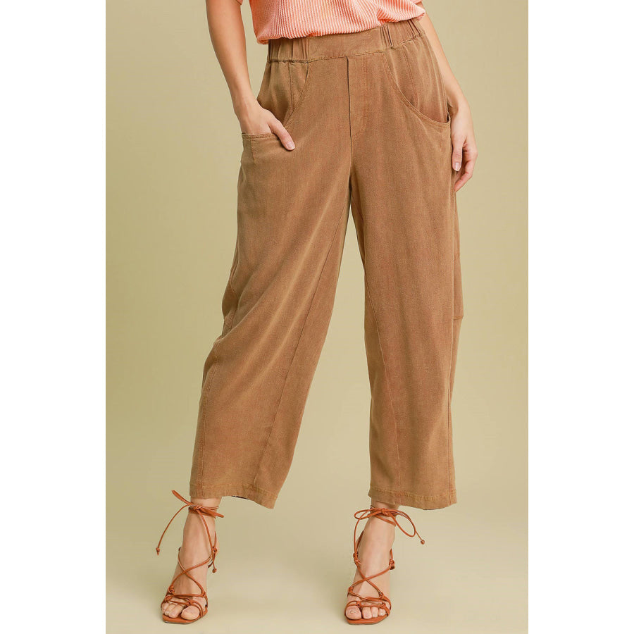 Umgee Elastic Waist Baggy Fit Pants with Pockets Caramel / S Apparel and Accessories