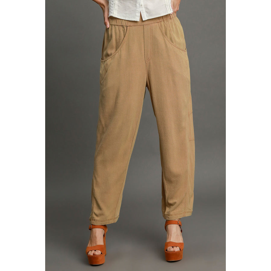 Umgee Elastic Waist Baggy Fit Pants with Pockets Latte / S Apparel and Accessories