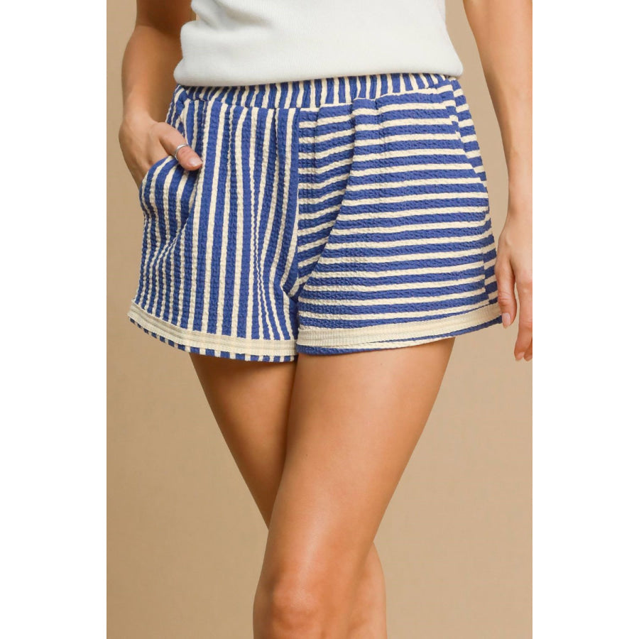 Umgee Elastic Waist Striped Shorts with Pockets Apparel and Accessories