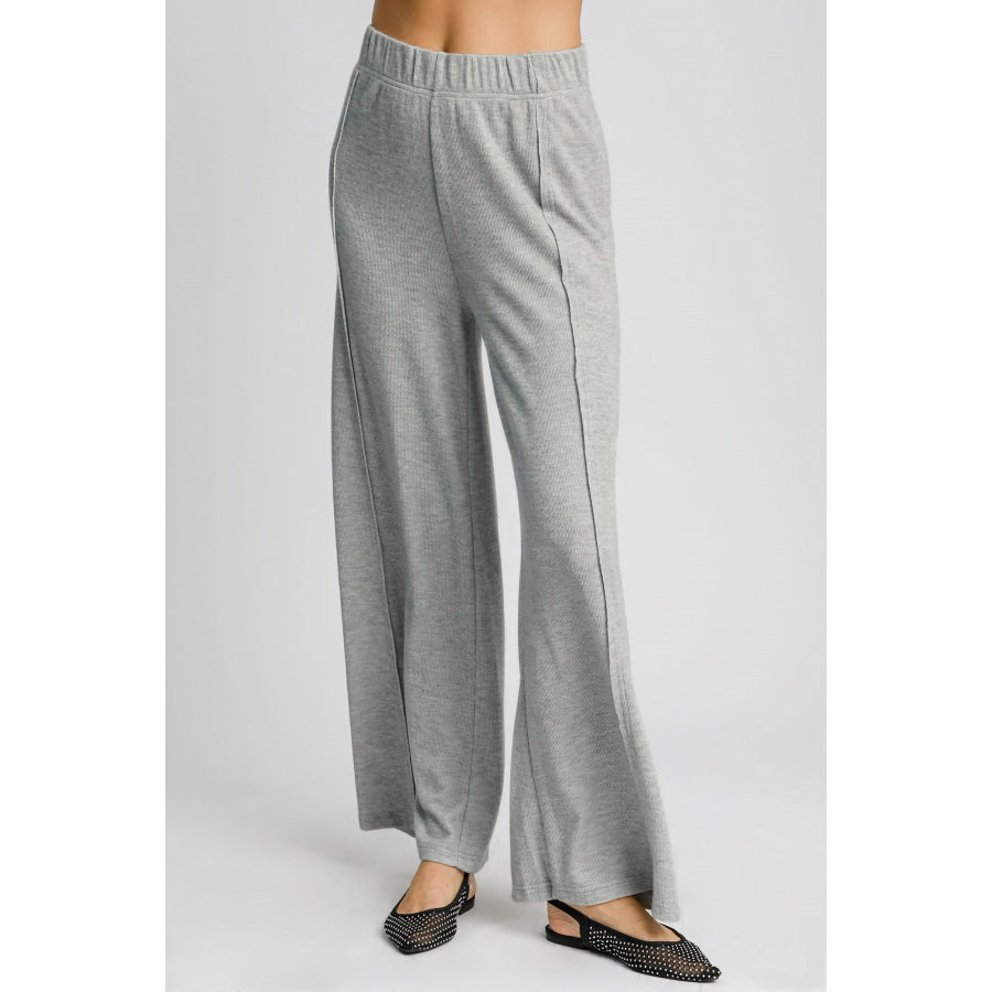 Umgee Elastic Waist Wide Leg Knit Pants Gray / S Apparel and Accessories