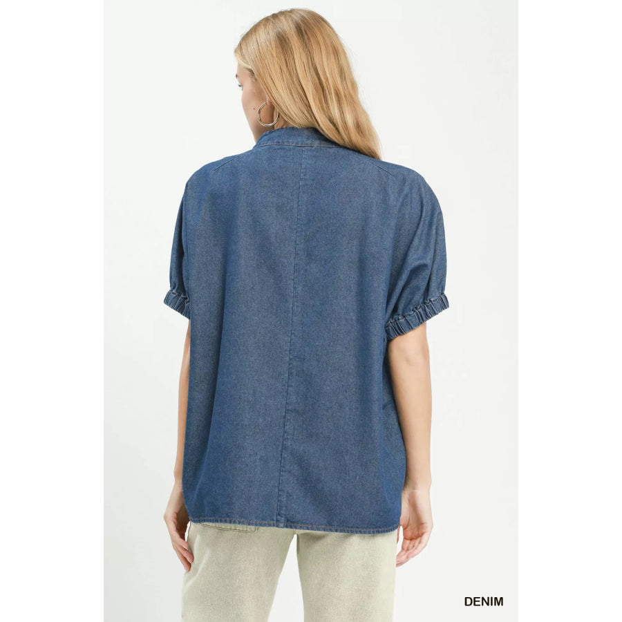 Umgee Embroidered Denim Puff Sleeve Top Apparel and Accessories