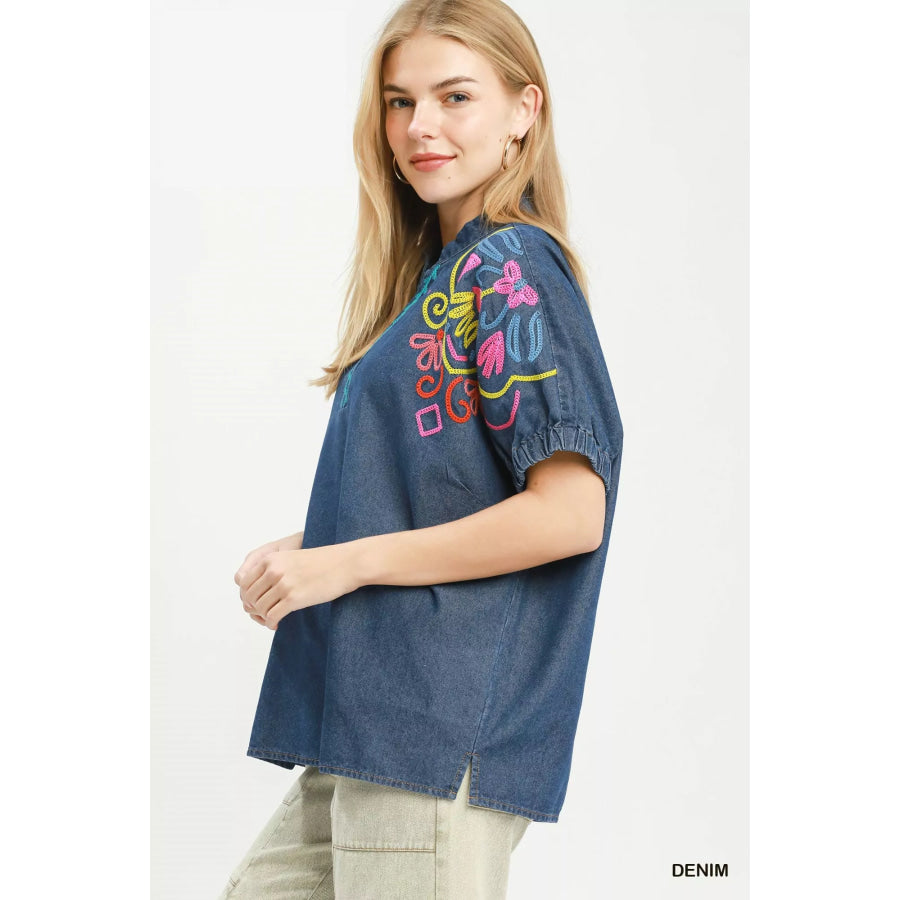 Umgee Embroidered Denim Puff Sleeve Top Apparel and Accessories