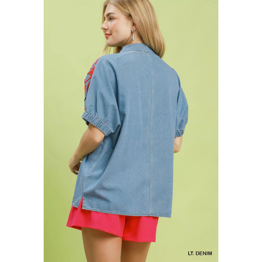 Umgee Embroidered Denim Puff Sleeve Top Apparel and Accessories