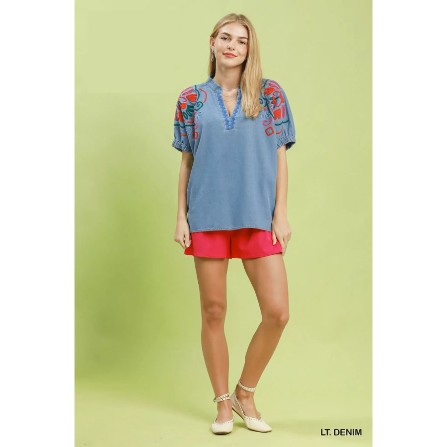 Umgee Embroidered Denim Puff Sleeve Top Apparel and Accessories