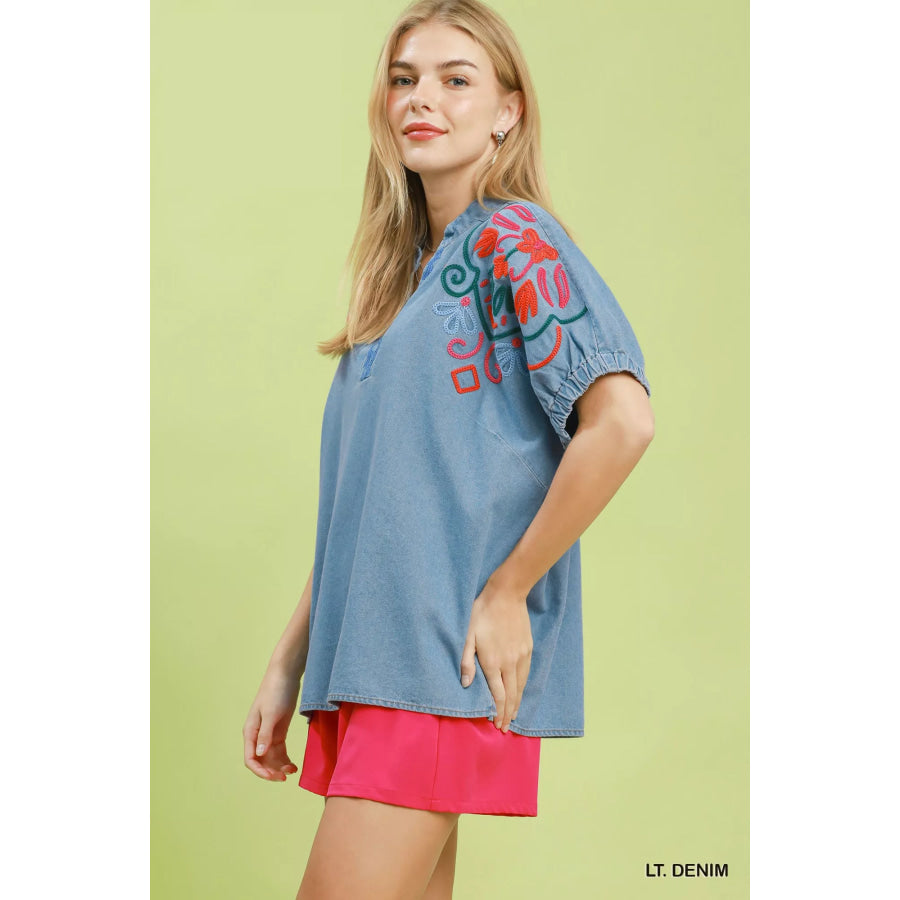 Umgee Embroidered Denim Puff Sleeve Top Apparel and Accessories