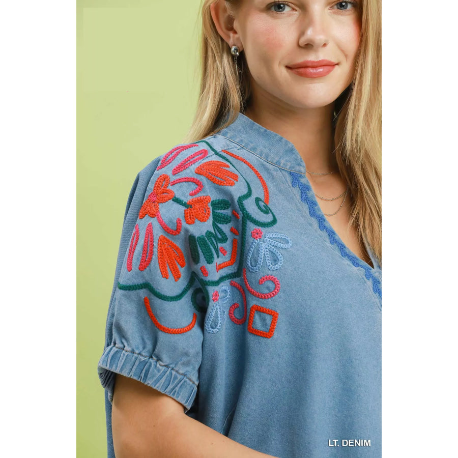Umgee Embroidered Denim Puff Sleeve Top Apparel and Accessories