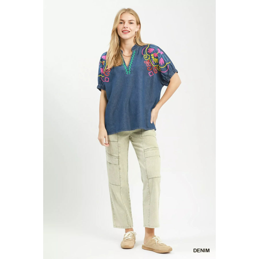 Umgee Embroidered Denim Puff Sleeve Top DENIM / S Apparel and Accessories