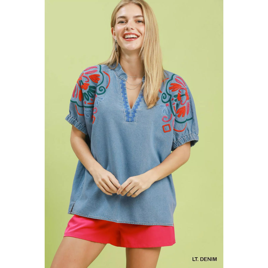 Umgee Embroidered Denim Puff Sleeve Top LT. DENIM / S Apparel and Accessories
