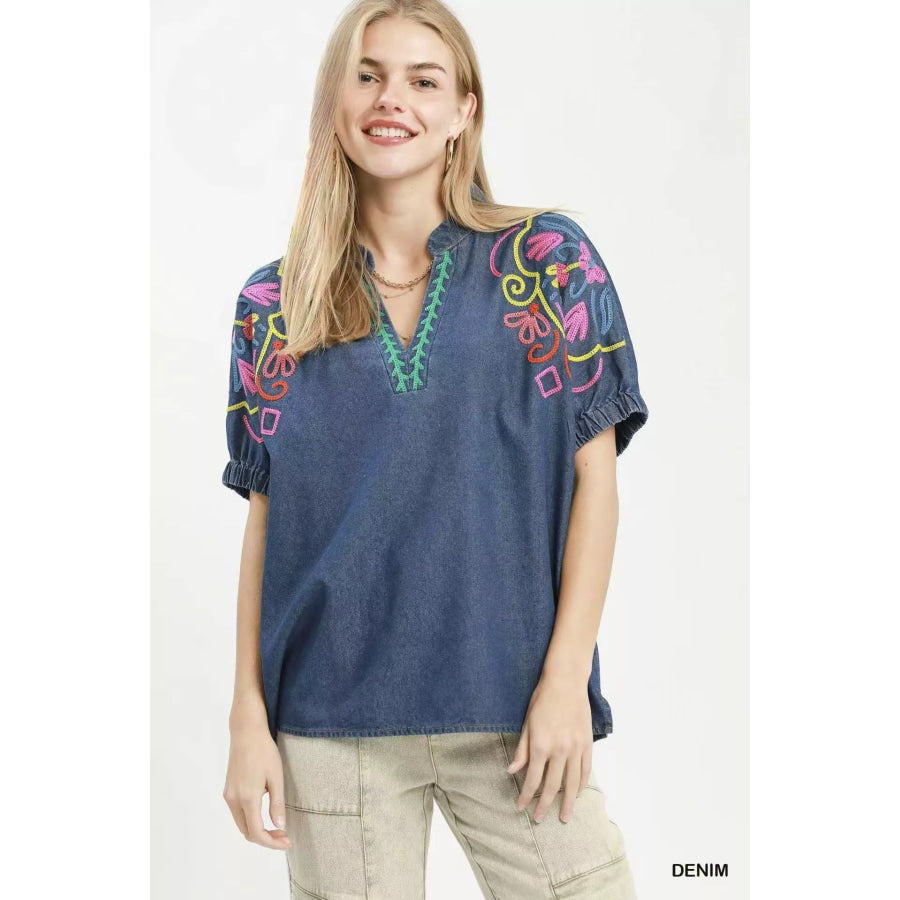 Umgee Embroidered Denim Puff Sleeve Top DENIM / S Apparel and Accessories
