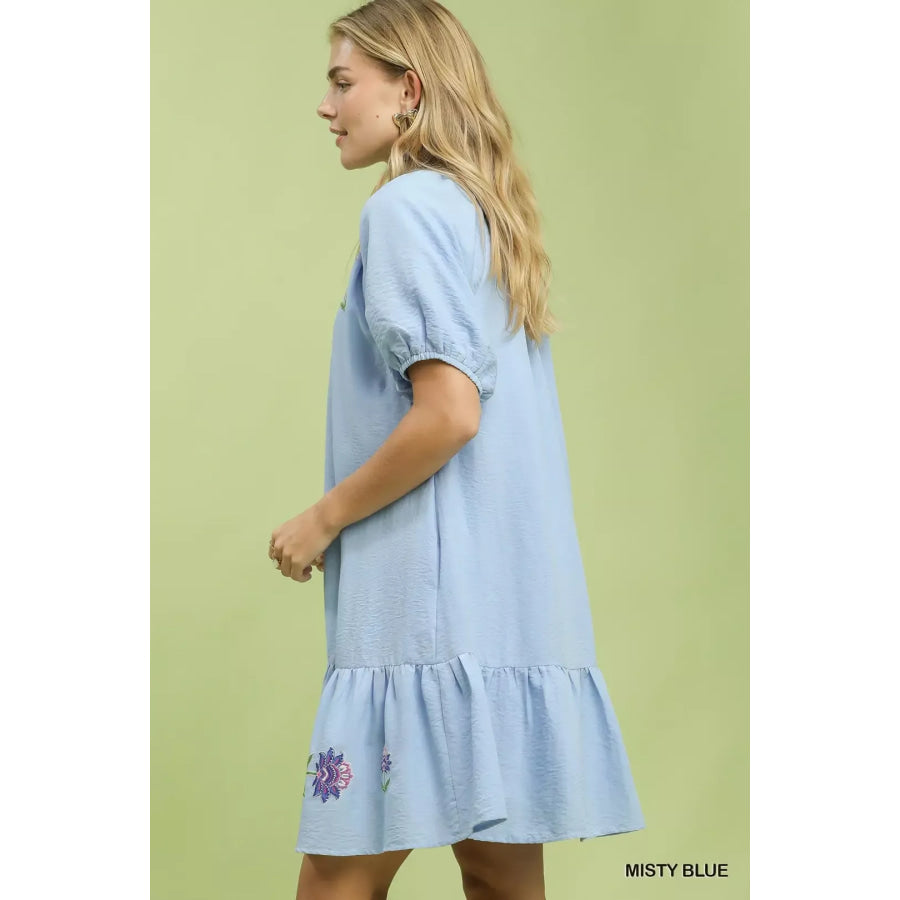 Umgee Embroidered Floral Babydoll Dress MISTYBLUE / S Apparel and Accessories
