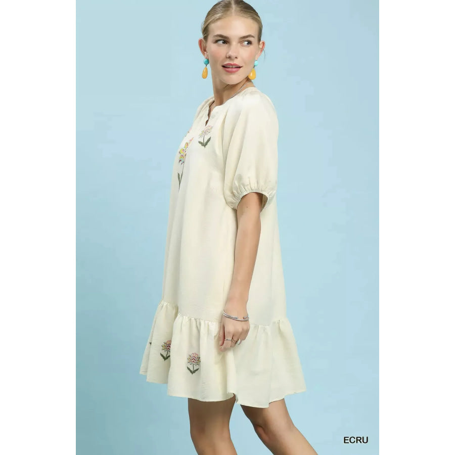 Umgee Embroidered Floral Babydoll Dress ECRU / S Apparel and Accessories