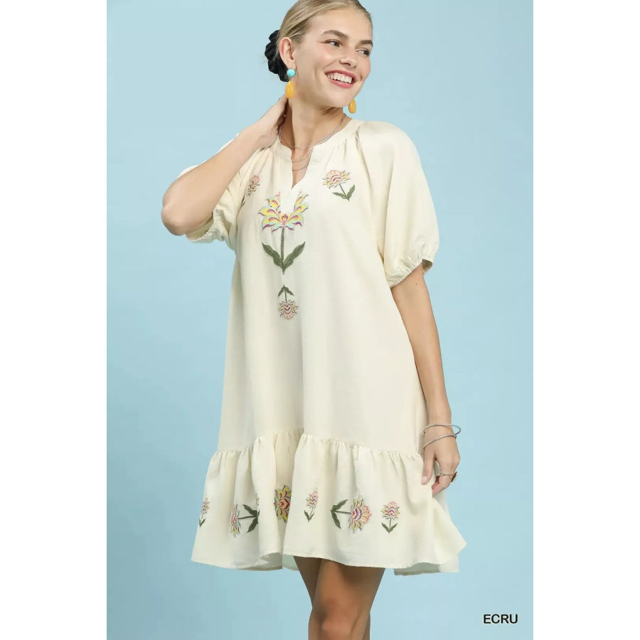 Umgee Embroidered Floral Babydoll Dress ECRU / S Apparel and Accessories