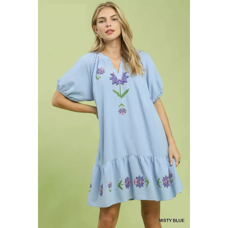 Umgee Embroidered Floral Babydoll Dress MISTYBLUE / S Apparel and Accessories