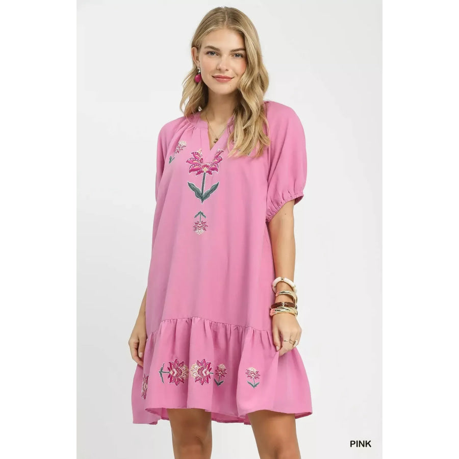 Umgee Embroidered Floral Babydoll Dress PINK / S Apparel and Accessories
