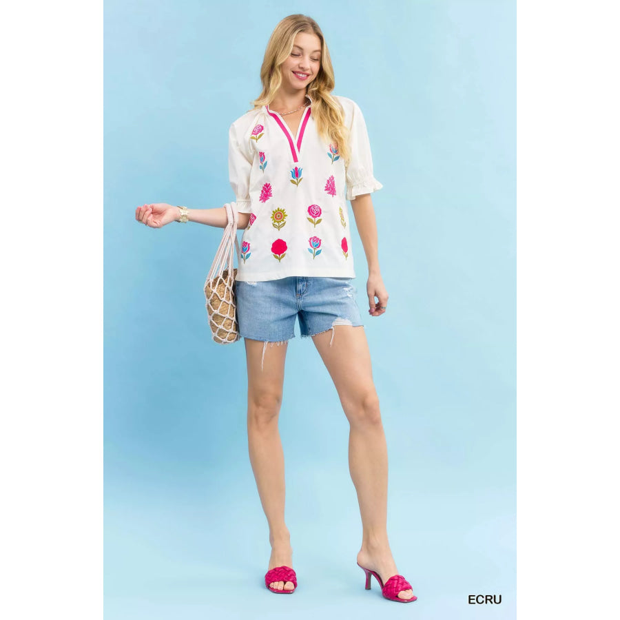 Umgee Embroidered Floral Top with Contrast Trim Apparel and Accessories