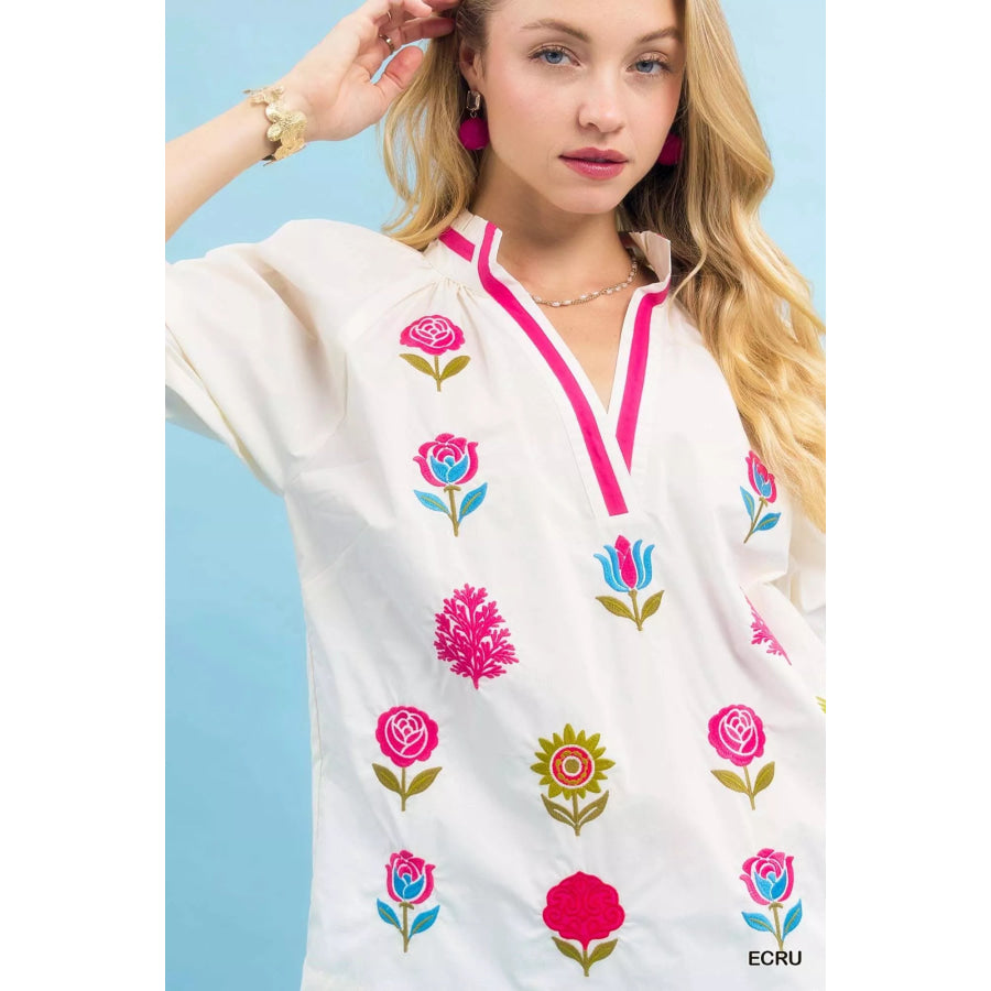 Umgee Embroidered Floral Top with Contrast Trim Apparel and Accessories