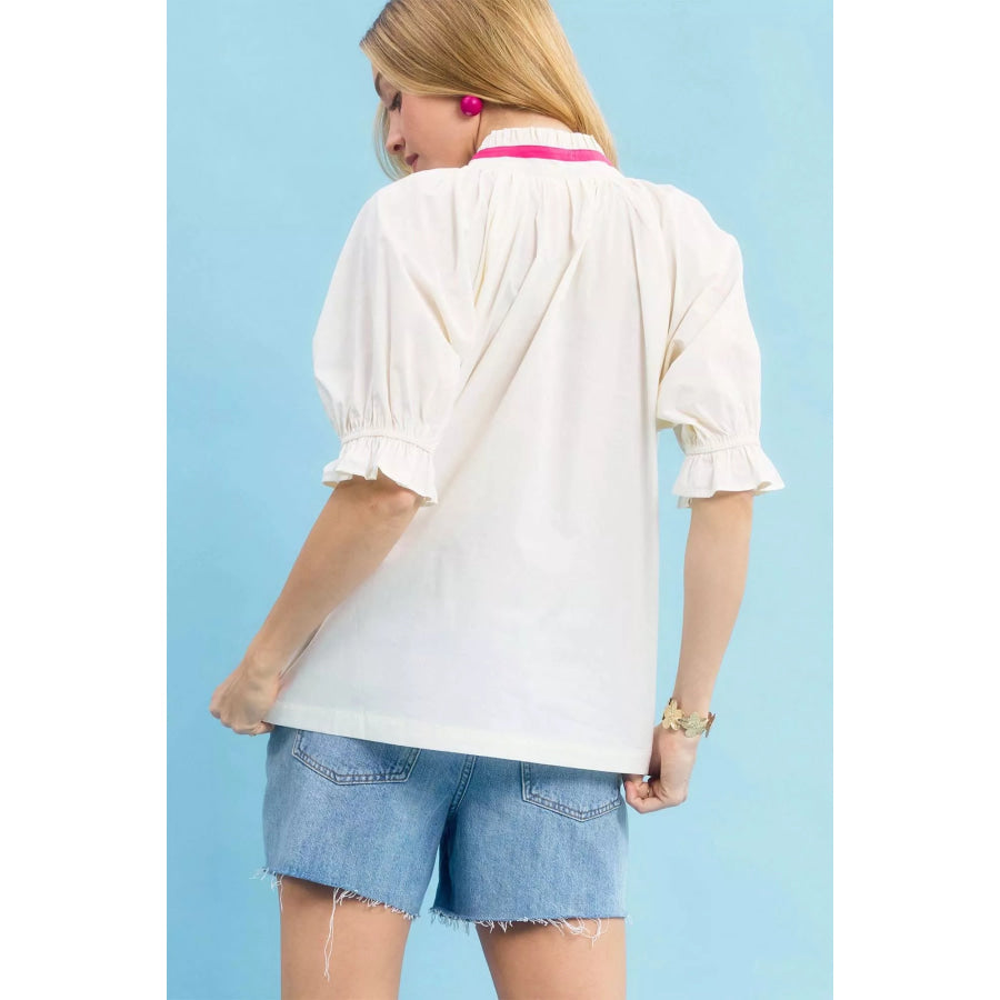 Umgee Embroidered Floral Top with Contrast Trim Apparel and Accessories