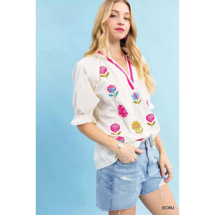 Umgee Embroidered Floral Top with Contrast Trim ECRU / S Apparel and Accessories