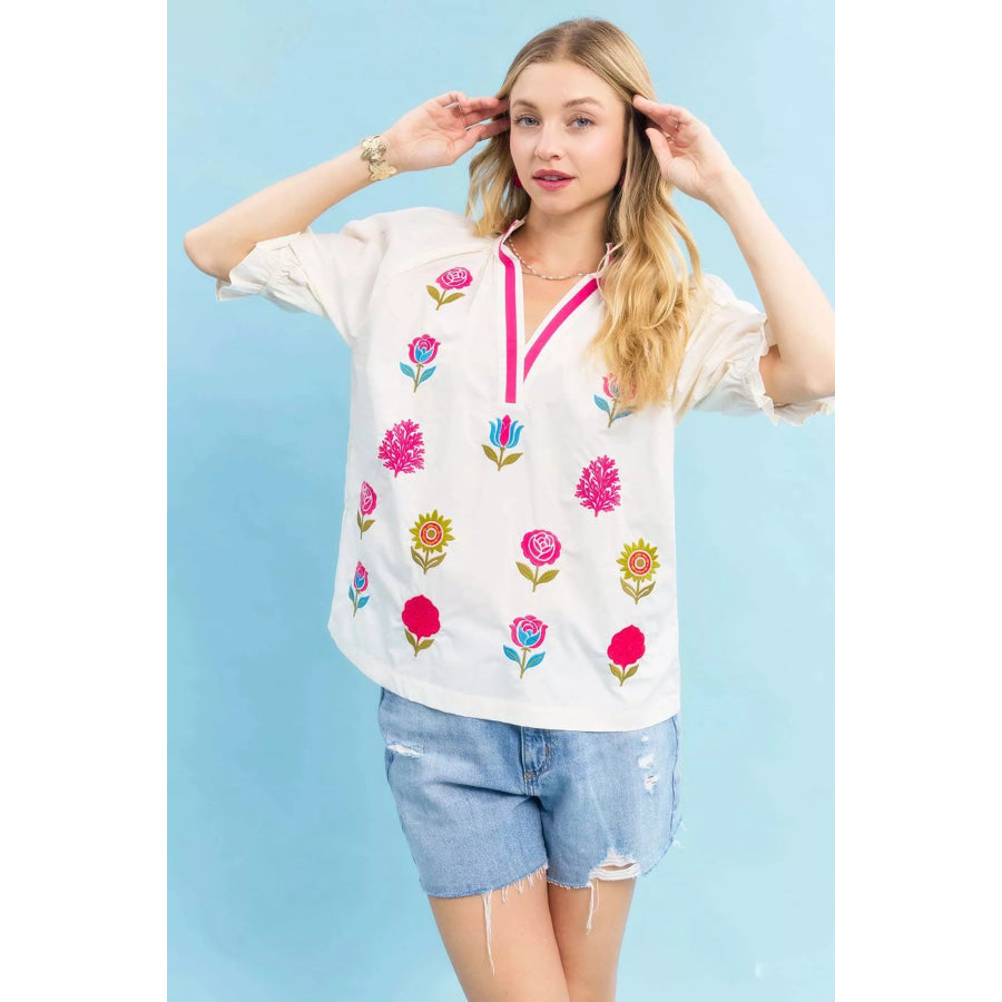 Umgee Embroidered Floral Top with Contrast Trim ECRU / S Apparel and Accessories