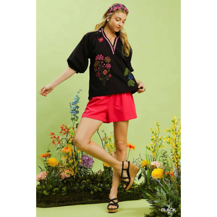 Umgee Embroidered Floral V-Neck Blouse Apparel and Accessories