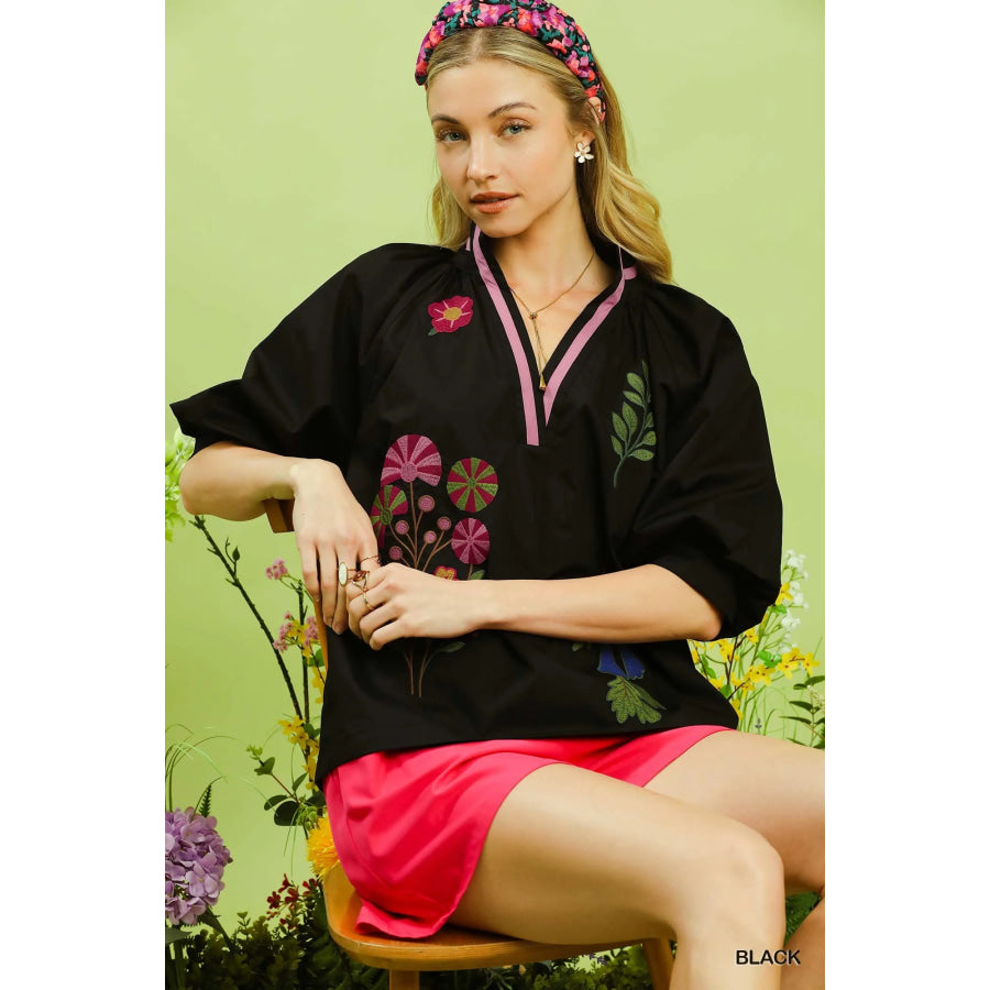 Umgee Embroidered Floral V-Neck Blouse BLACK / S Apparel and Accessories