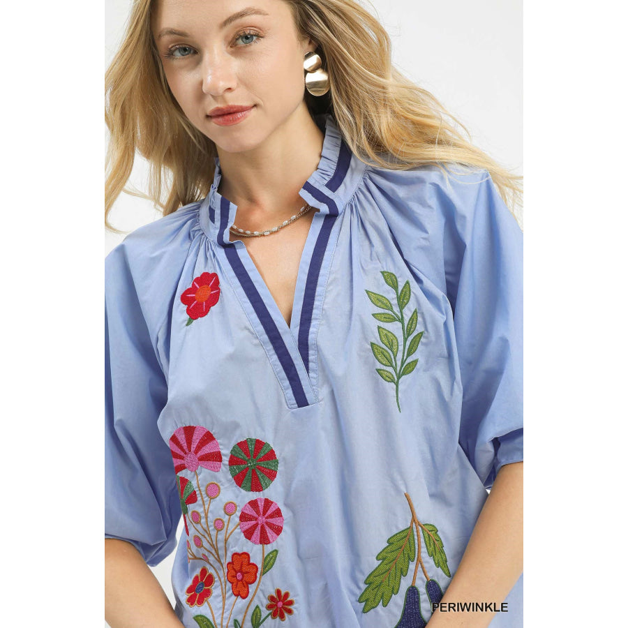Umgee Embroidered Floral V-Neck Blouse Apparel and Accessories