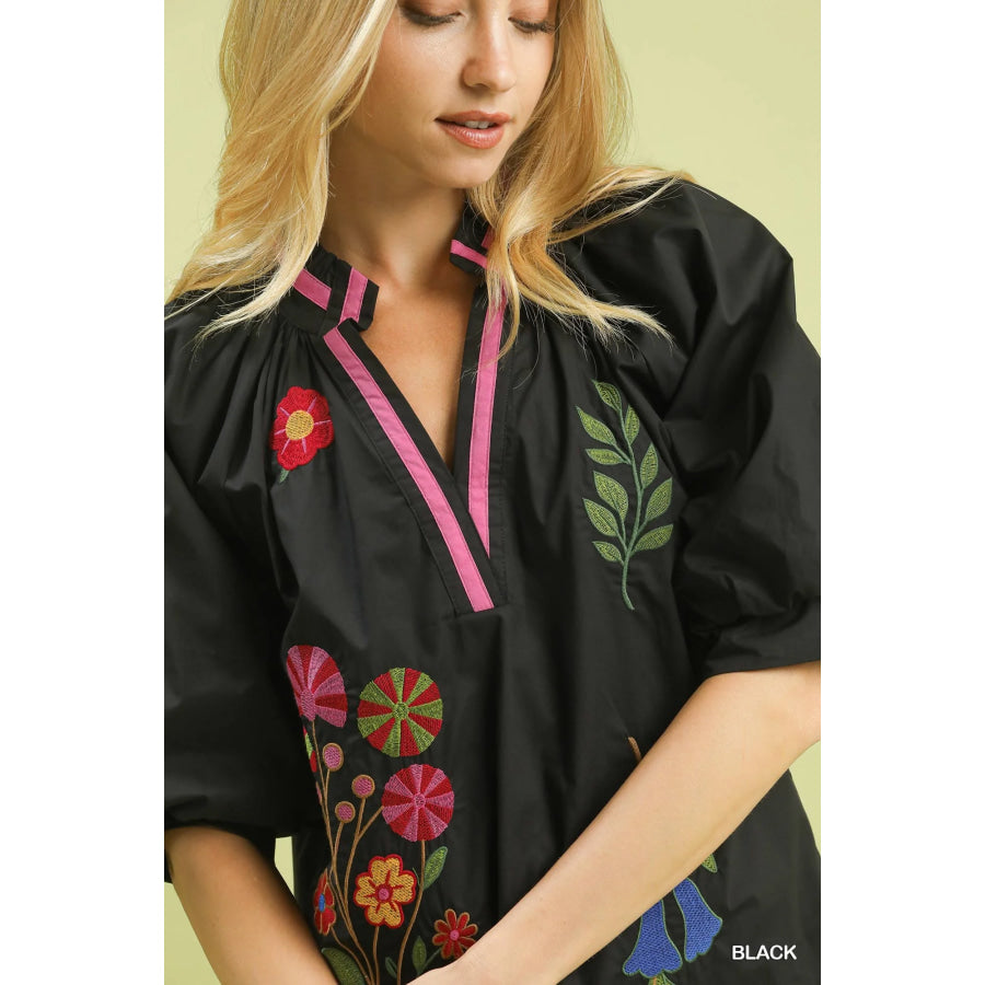 Umgee Embroidered Floral V-Neck Blouse Apparel and Accessories