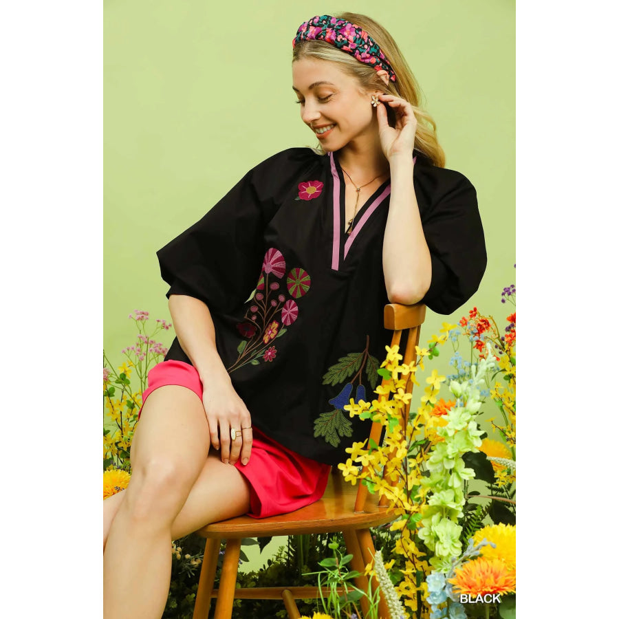 Umgee Embroidered Floral V-Neck Blouse BLACK / S Apparel and Accessories