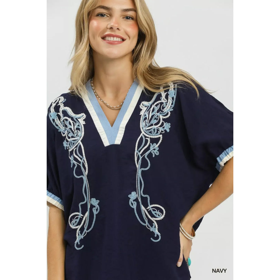 Umgee Embroidered Floral V-Neck Short Sleeve Blouse with Contrast Trim NAVY / S Apparel and Accessories