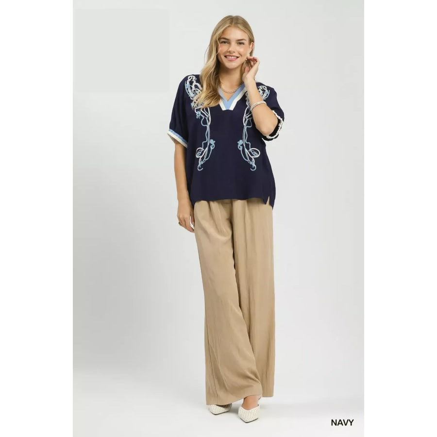 Umgee Embroidered Floral V-Neck Short Sleeve Blouse with Contrast Trim Apparel and Accessories