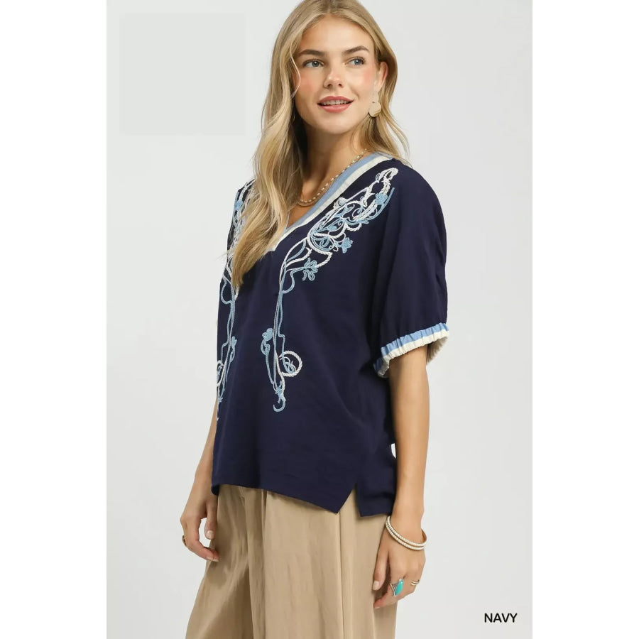 Umgee Embroidered Floral V-Neck Short Sleeve Blouse with Contrast Trim Apparel and Accessories
