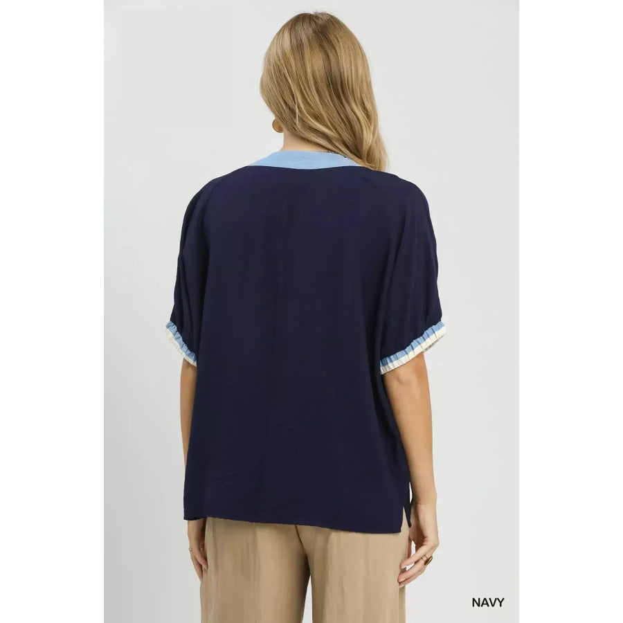 Umgee Embroidered Floral V-Neck Short Sleeve Blouse with Contrast Trim Apparel and Accessories