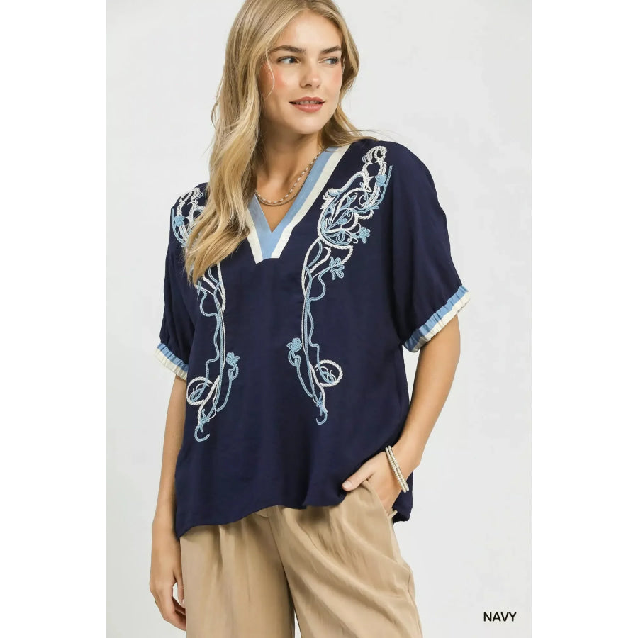 Umgee Embroidered Floral V-Neck Short Sleeve Blouse with Contrast Trim NAVY / S Apparel and Accessories