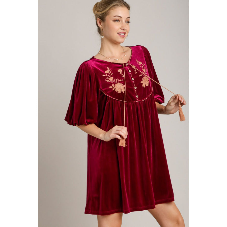 Umgee Embroidered Half Sleeve Velvet Mini Dress with Tassel Apparel and Accessories