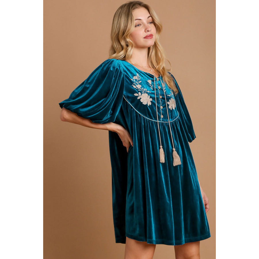 Umgee Embroidered Half Sleeve Velvet Mini Dress with Tassel Deep Teal / S Apparel and Accessories