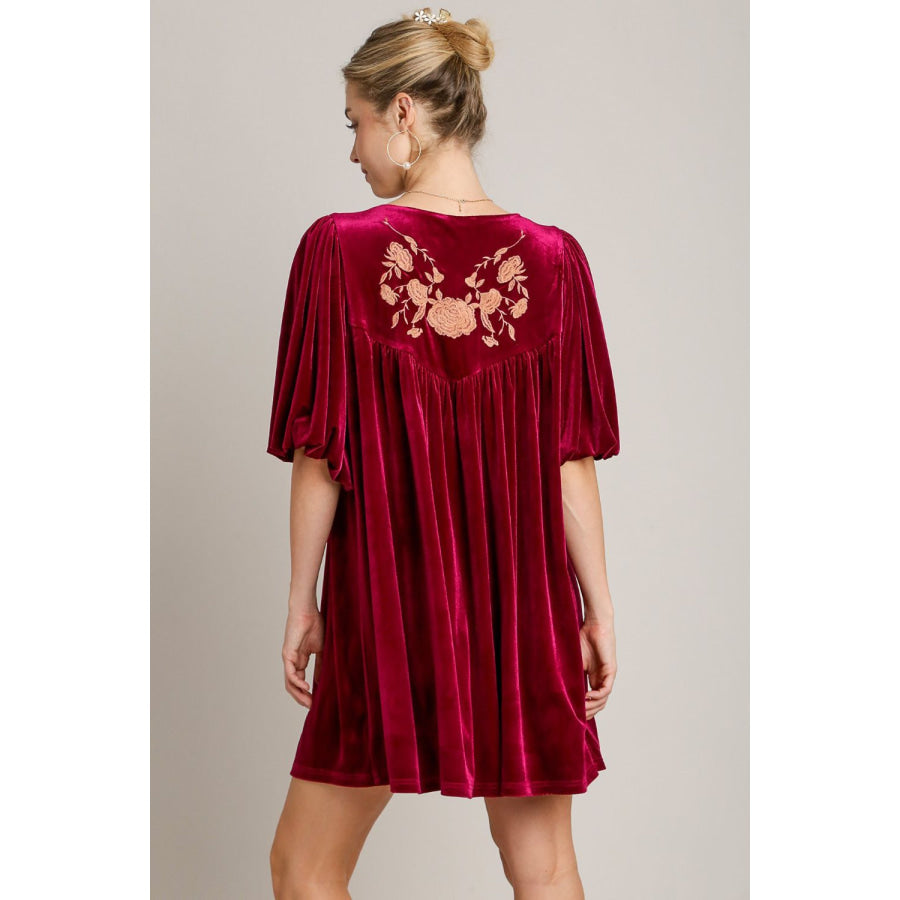 Umgee Embroidered Half Sleeve Velvet Mini Dress with Tassel Apparel and Accessories