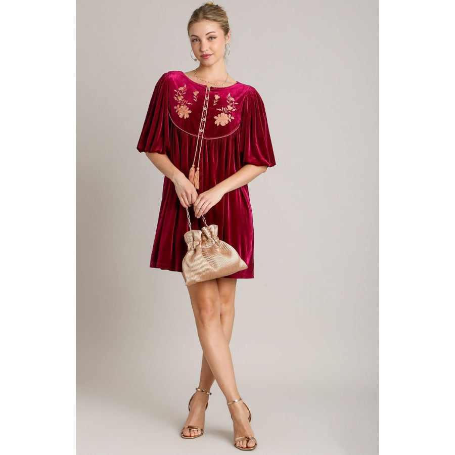 Umgee Embroidered Half Sleeve Velvet Mini Dress with Tassel Apparel and Accessories