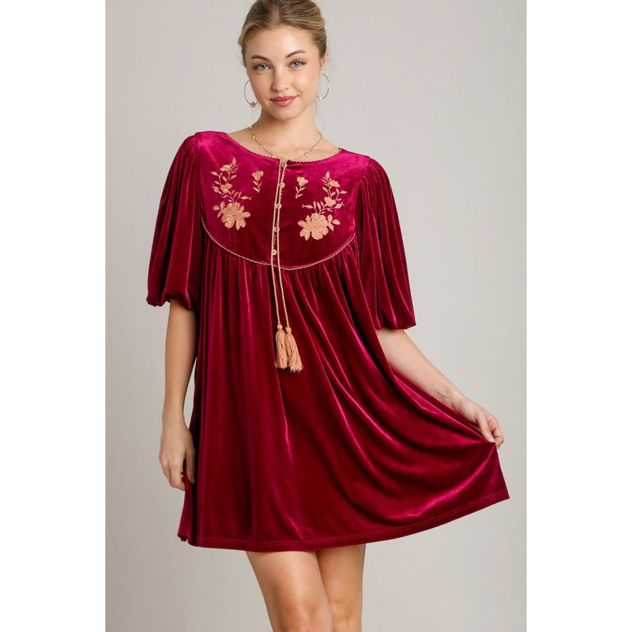 Umgee Embroidered Half Sleeve Velvet Mini Dress with Tassel Burgundy / S Apparel and Accessories