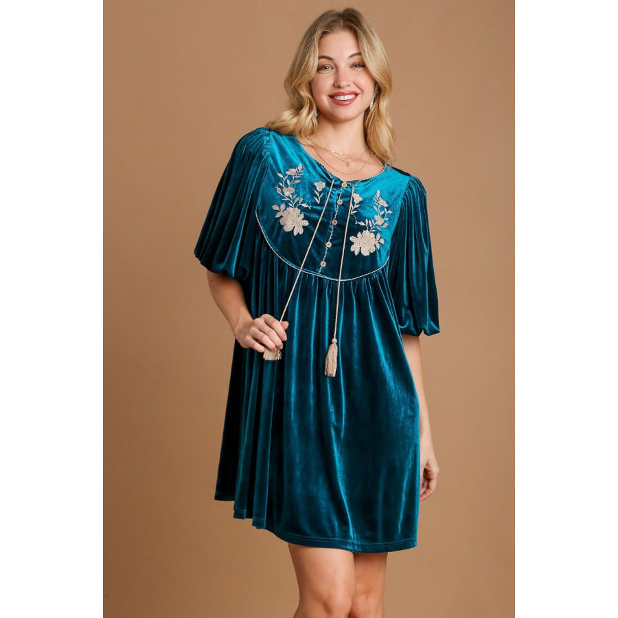 Umgee Embroidered Half Sleeve Velvet Mini Dress with Tassel Deep Teal / S Apparel and Accessories