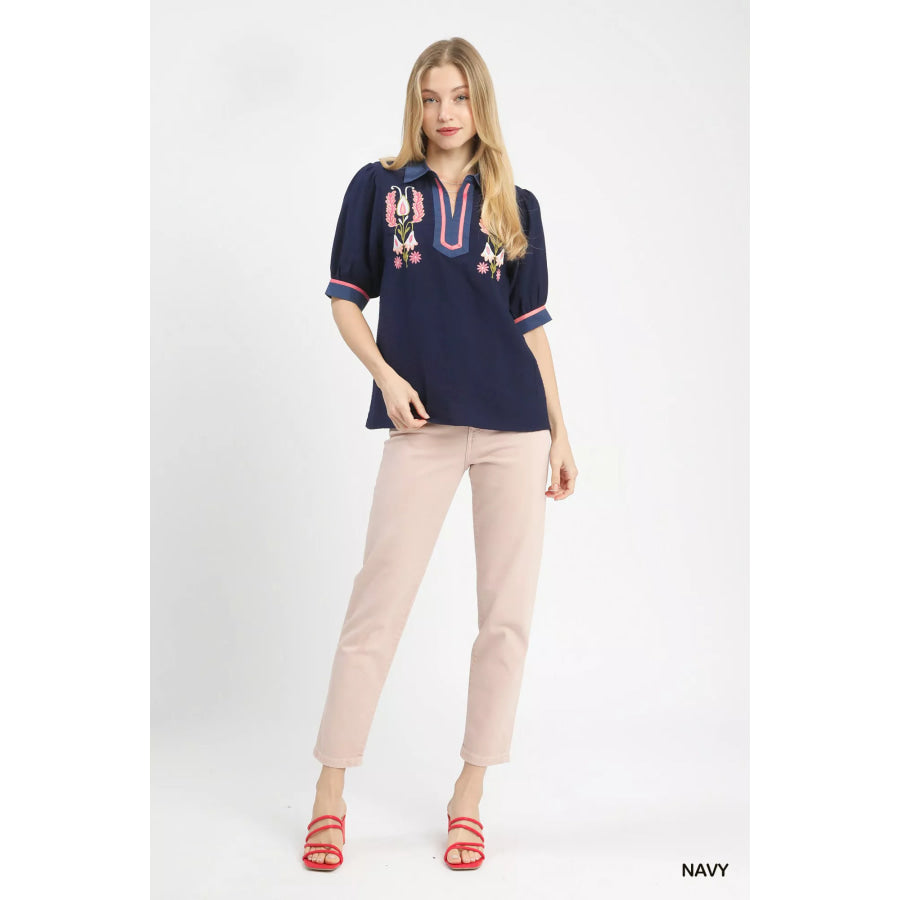 Umgee Embroidered Puff Sleeve Contrast Trim Top Apparel and Accessories
