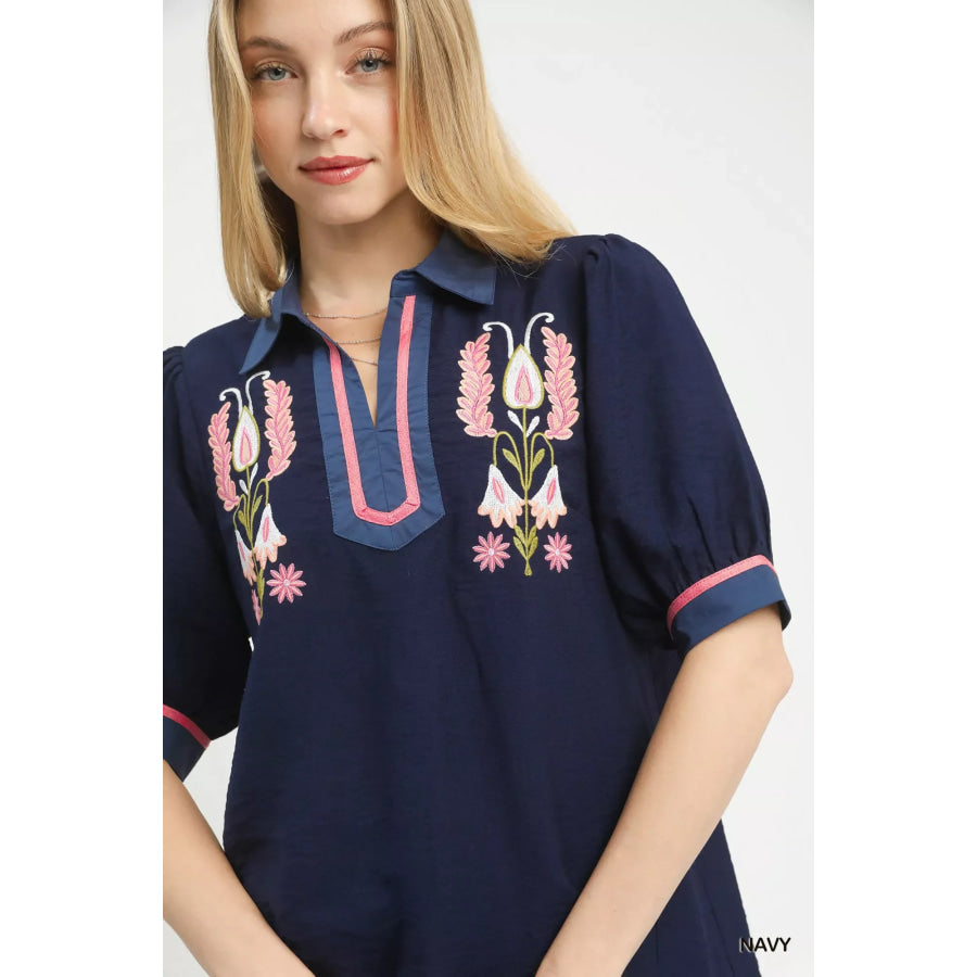 Umgee Embroidered Puff Sleeve Contrast Trim Top Apparel and Accessories
