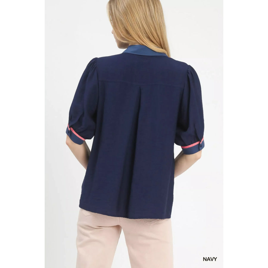 Umgee Embroidered Puff Sleeve Contrast Trim Top Apparel and Accessories