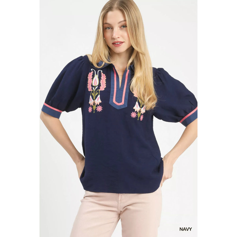 Umgee Embroidered Puff Sleeve Contrast Trim Top NAVY / S Apparel and Accessories