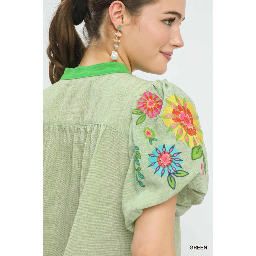 Umgee Embroidered Puff Sleeve Top Apparel and Accessories
