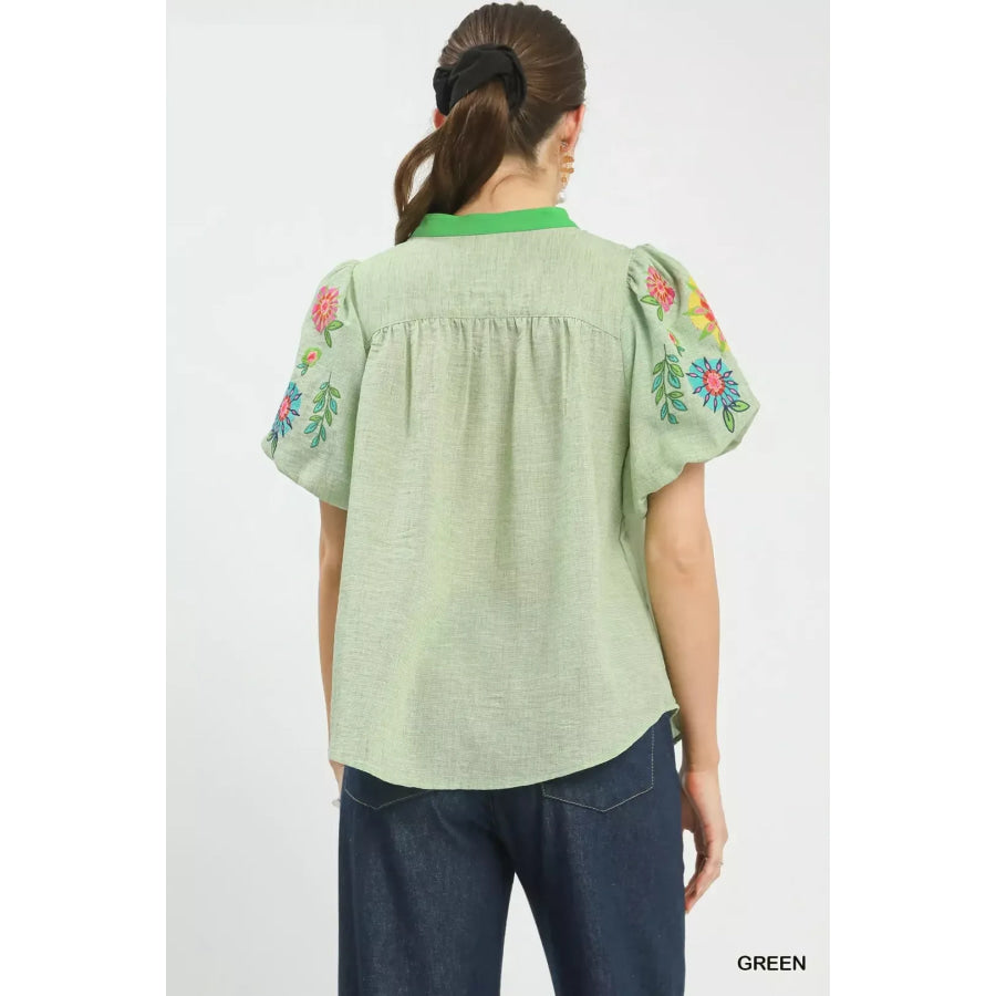 Umgee Embroidered Puff Sleeve Top Apparel and Accessories