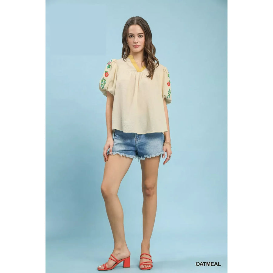 Umgee Embroidered Puff Sleeve Top Apparel and Accessories