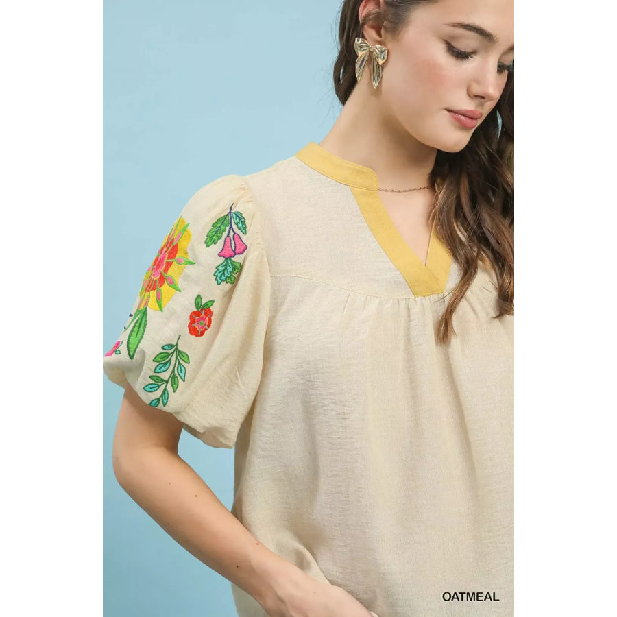 Umgee Embroidered Puff Sleeve Top Apparel and Accessories